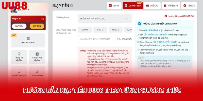 Hướng dẫn nạp tiền uu88 theo từng phương thức